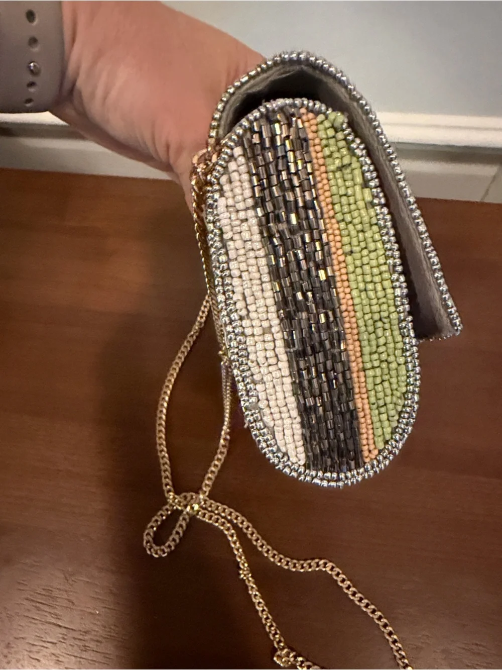 Anthropologie Beaded Stripe Clutch Wallet - Green, Gray & Cream